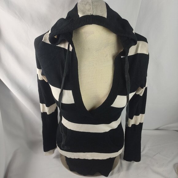Rue 21 Womens Hoodie V-Neck Black/White Stripes Size Medium - Picture 1 of 5
